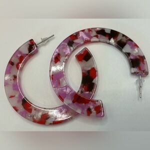 RESIN FLAT LARGE 2 INCH HOOP RED PINK BLACK EARRINGS